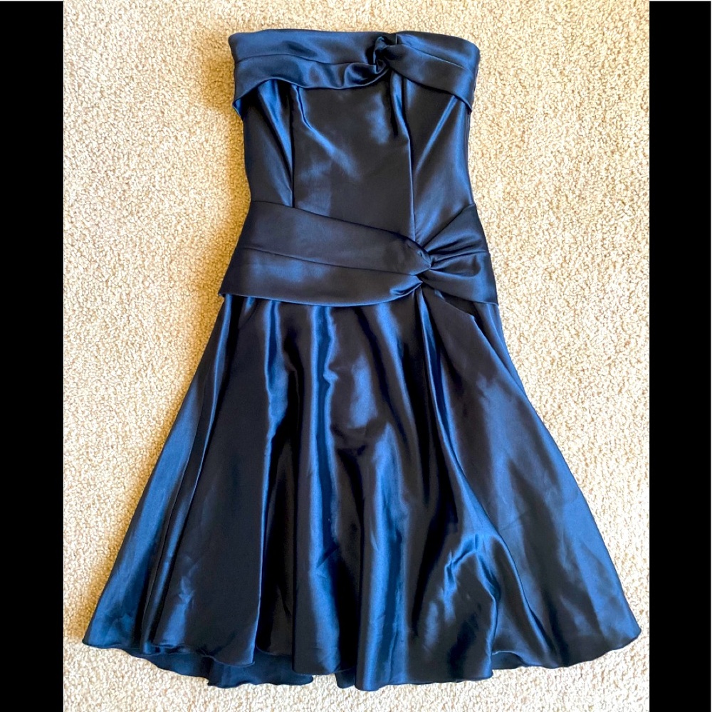 Black silky A-line strapless dress